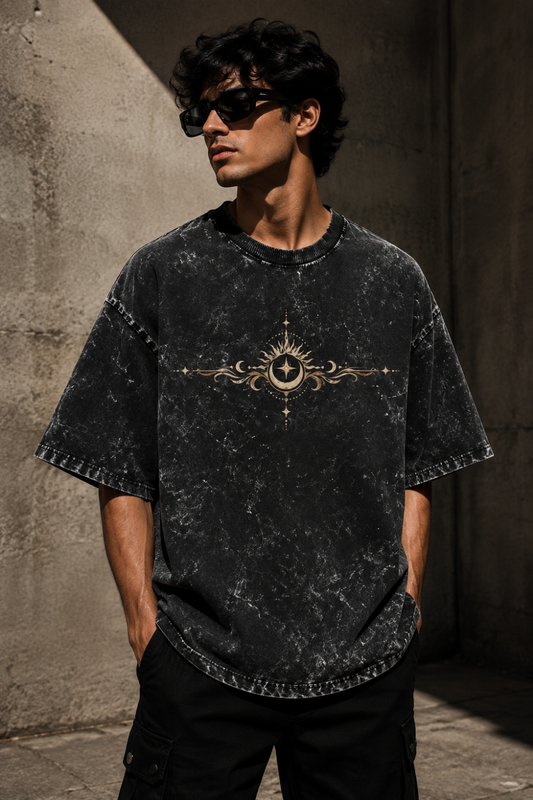 🌙 TEVAR Celestial Acid Wash Oversized Tee